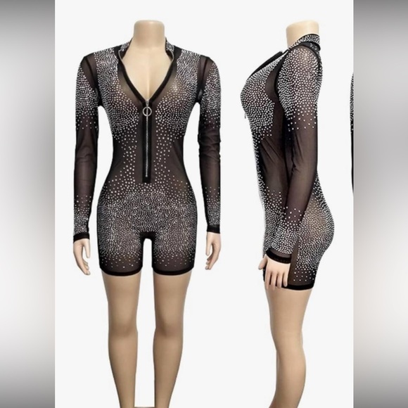 Women’s long sleeve, biker short, 1 piece sheer bodysuit with rhinestones - Picture 14 of 16